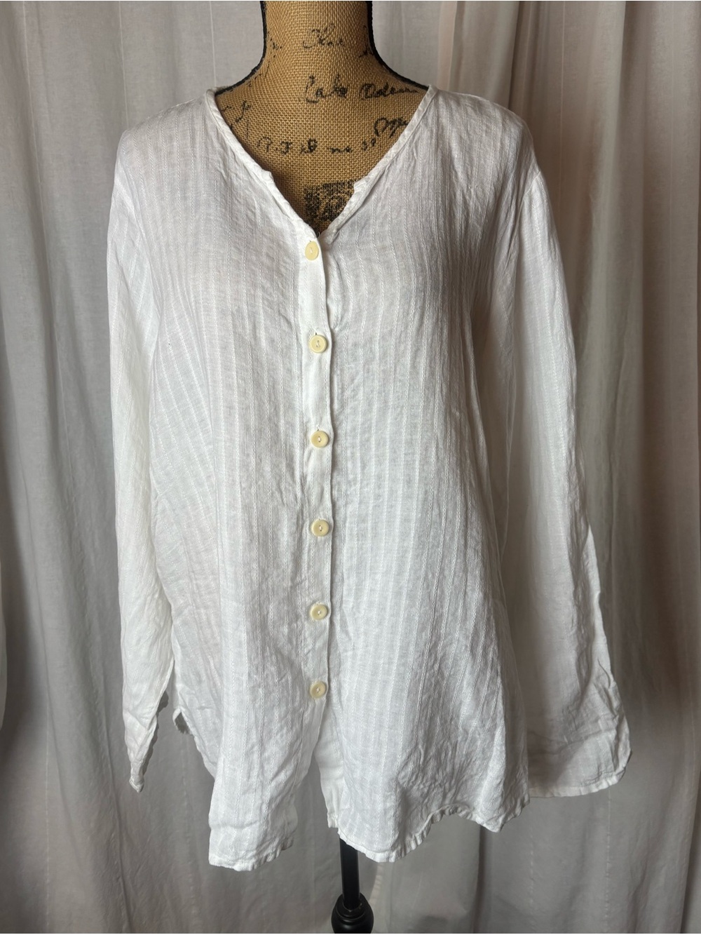 FLAX White Pinstripe Linen Button Front Blouse Lagenlook Women’s Large